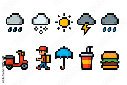 Weather and food icon set. Pixel art, weather elements and food icons in pixel style