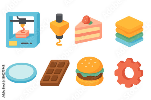 3D food and tech icon set. 3D technology, food, and machinery collection