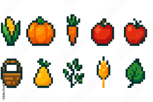 Pixel art farming icon set. Agriculture, harvest, food, crop, retro, 8-bit graphics