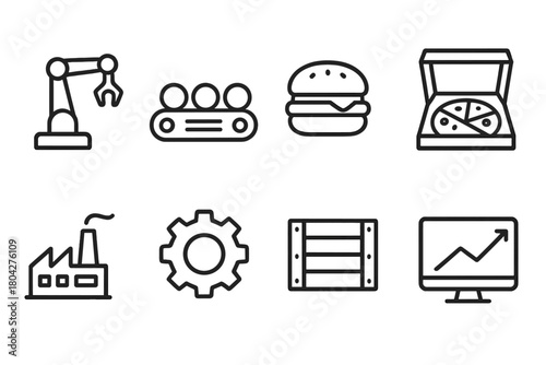 Industry and food outline icon set. Manufacturing, logistics, and food symbols collection