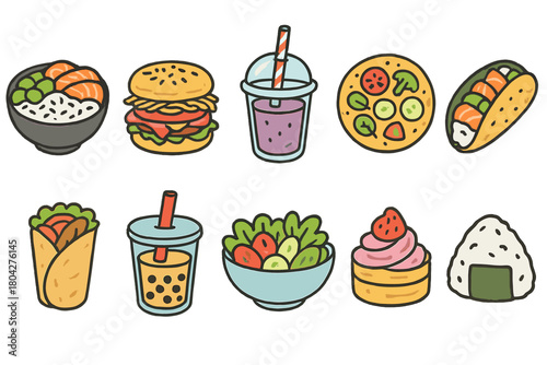 Food and drink doodle icon set. Flat food icons for menus, websites, apps.