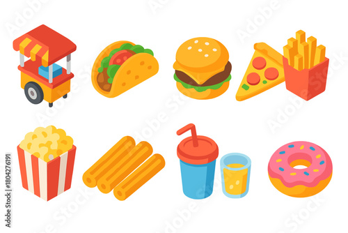 Food and snack icon set. Delicious 3d fast food and snack icons collection
