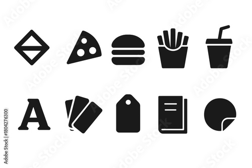 Food and shopping silhouette icon set for fast food, tags, drinks, and more