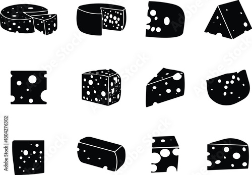 Cheese silhouette collection, black vector icons, assorted shapes, hole patterns, dairy food design, culinary theme, digital artwork, kitchen element