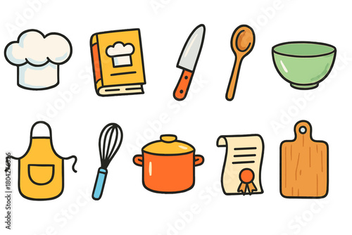 Cooking, culinary tools icon set. Chef hat, kitchen utensils, recipe book flat icons