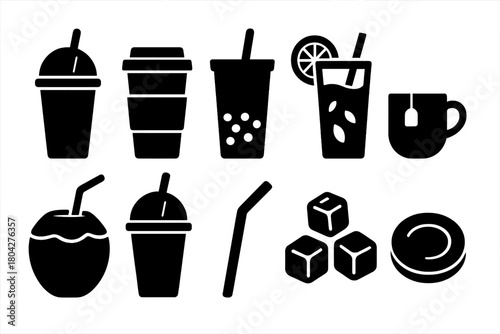 Beverage solid icon set. Refreshing drinks, coffee, smoothies silhouettes collection.