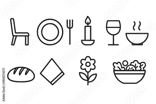 Dining and table essentials line icon set. Kitchenware, dining utensils linear collection.