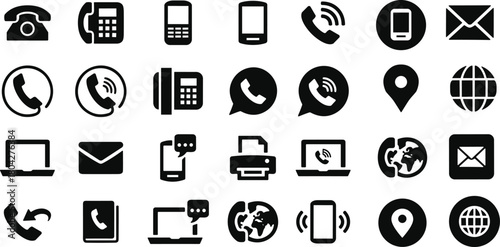 Communication technology icon set, black vector symbols, phone, email, location, laptop, printer, messaging, digital artwork, modern interface design