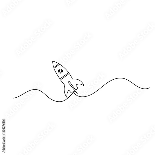 Space rocket launch, continuous line art, minimalist outline vector

