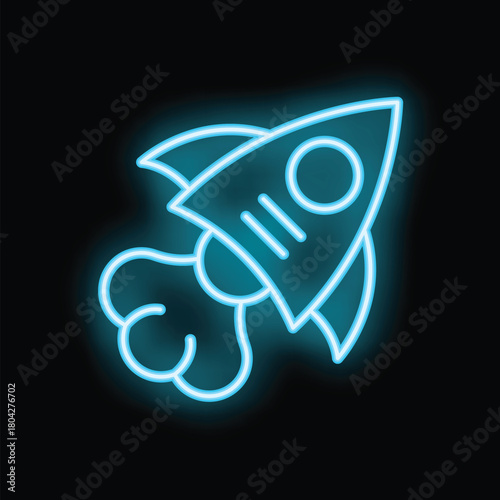 Blue neon rocket ship launching into space leaving a smoke trail