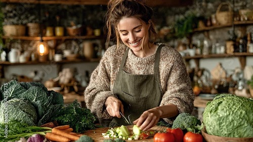 A caucasian woman is chopping vegetables in a bright, modern kitchen, with a happy expression