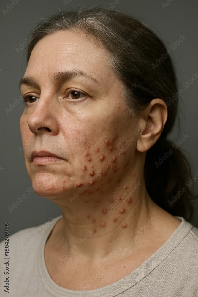 Fototapeta premium Middle aged woman with severe acne on face and neck, dermatology problem and skin inflammation.