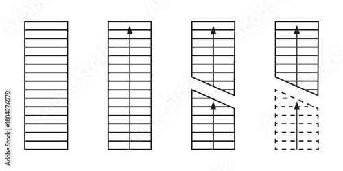 Set of stairs symbols with arrows for floorplan blueprint. Staircase signs for interior design project. Elements for architecture program isolated on white background. Vector graphic illustration