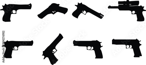 Handgun silhouette collection, black vector icons, firearm designs, pistol shapes, revolver models, weapon theme, digital artwork, security concept