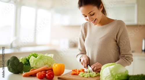 A caucasian woman is chopping vegetables in a bright, modern kitchen, with a happy expression