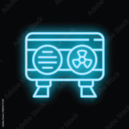 Bright glowing blue neon icon of a radioactive material container with warning symbol, on black background