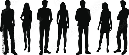 Human silhouette collection, standing poses, black vector icons, male and female figures, body posture, digital artwork, design element, gesture