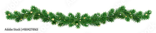 Christmas garland made of fir branches with gold and silver confetti. Festive decorative divider for holiday banners, cards, and seasonal projects. Transparent background in vector file.