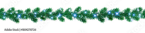 Seamless Christmas tree garland made of lush fir branches with glowing blue and white lights. Perfect festive border for Christmas cards, banners, and winter holiday designs.