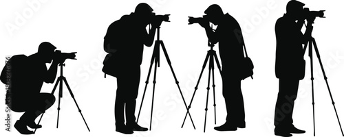 Photographer silhouette collection, camera tripod poses, black vector icons, outdoor shooting, travel gear, digital artwork, photography profession, equipment design