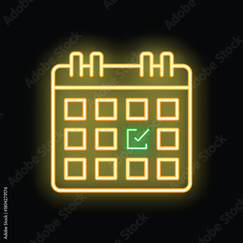 Neon calendar showing day with completed task icon on dark background