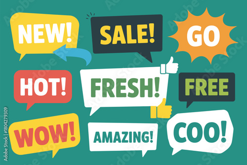 Colorful speech bubbles with promotional text on teal back