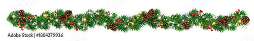 Realistic Christmas garland with pine cones, holly berries, ribbons, and glowing lights. Festive border for banners and holiday cards. Transparent background in vector file.