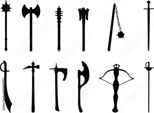 Silhouettes of medieval weapon collection, black vector icons, diverse armory, axes, swords, crossbow, maces, twelve items, vector illustration
