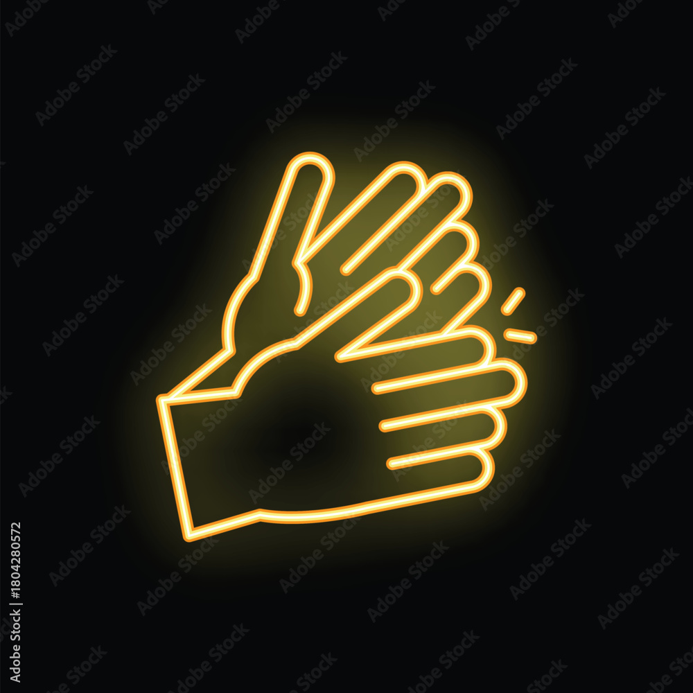 Fototapeta premium Neon yellow icon of two hands clapping, giving applause on black background
