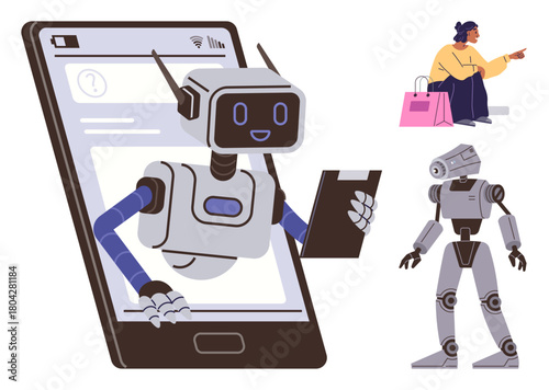 Cute chatbot robot emerges from phone, one holding clipboard, humanoid robot stands idle, woman shops nearby. Ideal for AI service, robot assistant, tech innovation, retail, customer support