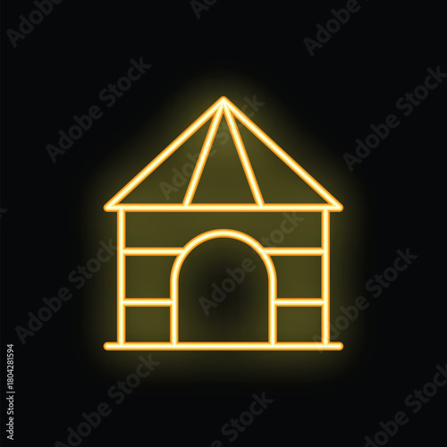 Glowing neon icon of a gazebo with a pointed roof and a brick base, representing a relaxing outdoor space