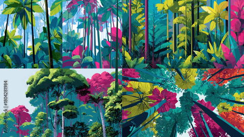Vivid jungle canopy illustrations featuring tall tropical trees and colorful leaves viewed from different angles, showcasing lush forest beauty and immersive nature scenes.