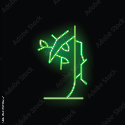 Glowing neon green tree trunk losing branch icon graphic on black background