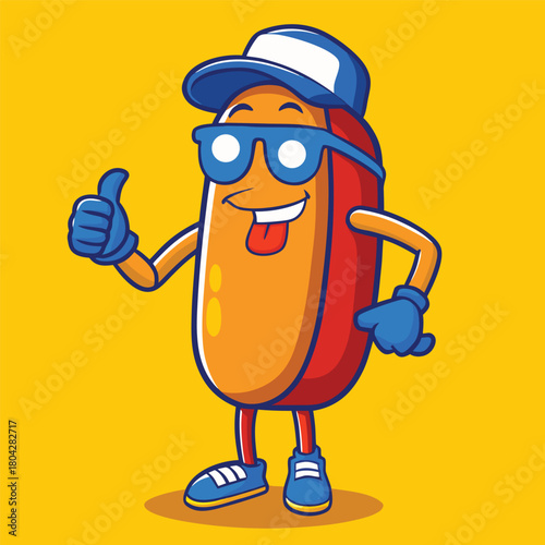 Cheerful hotdog mascot character with blue cap and sunglasses, giving a thumbsup on a yellow background