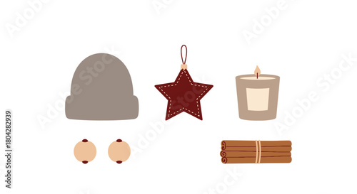 Cozy winter elements: hat, star ornament, candle, cinnamon sticks, and beads.