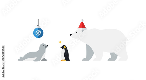 A festive polar bear in a Santa hat with a penguin and a seal celebrating Christmas.