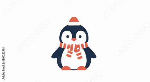 Cute cartoon penguin wearing a red hat and striped scarf on a white background.