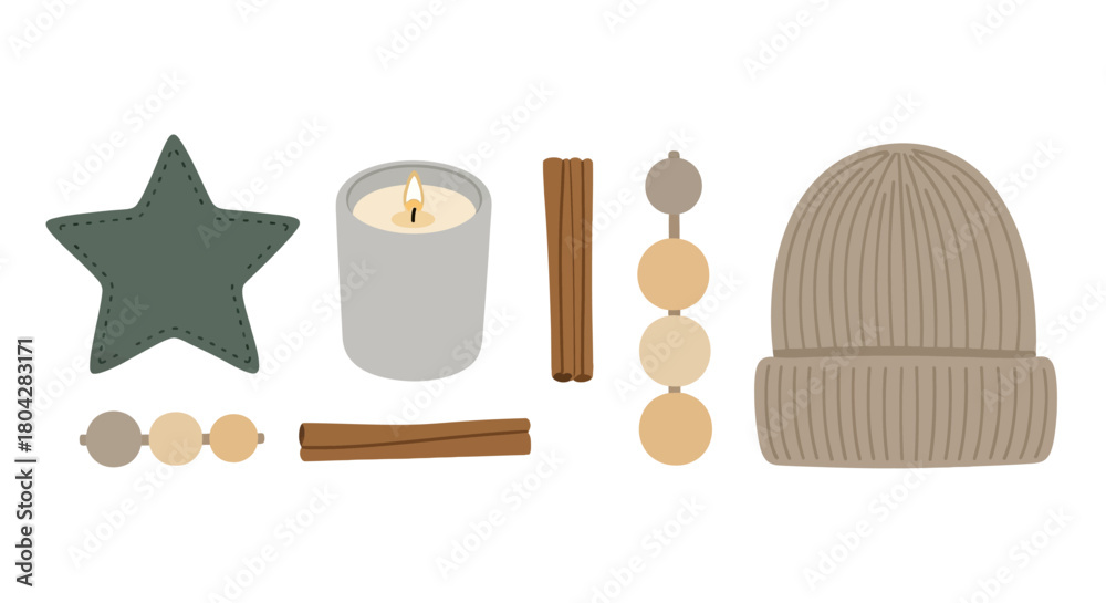 Naklejka premium Collection of cozy winter items, including a star ornament, candle, cinnamon sticks, earrings, and a beanie.