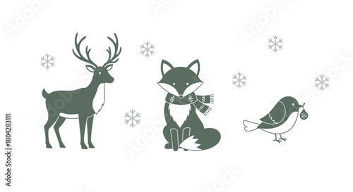 Illustration of a deer, fox, and bird in a winter scene with snowflakes.
