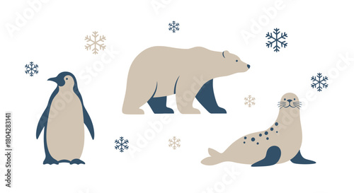 A charming illustration set of arctic and antarctic animals: a polar bear, penguin, and seal with snowflakes.