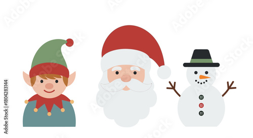 Illustration of a Christmas elf, Santa Claus, and a snowman, all festive characters.