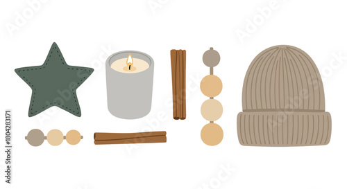 Collection of cozy winter items, including a star ornament, candle, cinnamon sticks, earrings, and a beanie.