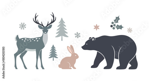 Illustration of a deer, rabbit, and bear with trees and snowflakes on a white background.