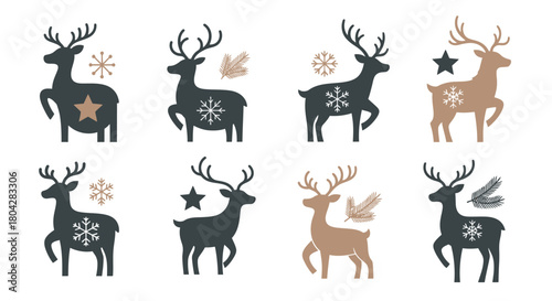 Collection of eight stylized reindeer silhouettes with festive decorative elements, perfect for holiday designs.