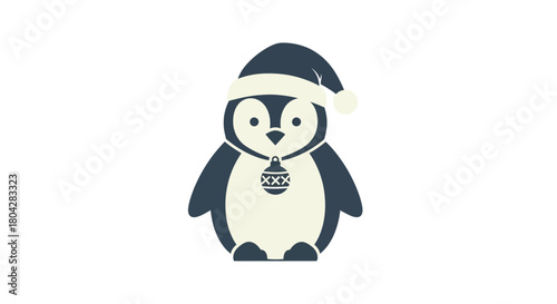 A cute cartoon penguin wearing a Santa hat and a Christmas ornament necklace on a white background.