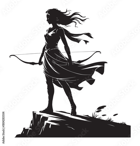 Female Archer Silhouette on Cliff, Warrior Huntress Artwork.