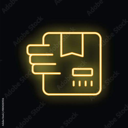 Bright yellow neon icon of a package being quickly delivered through an express service