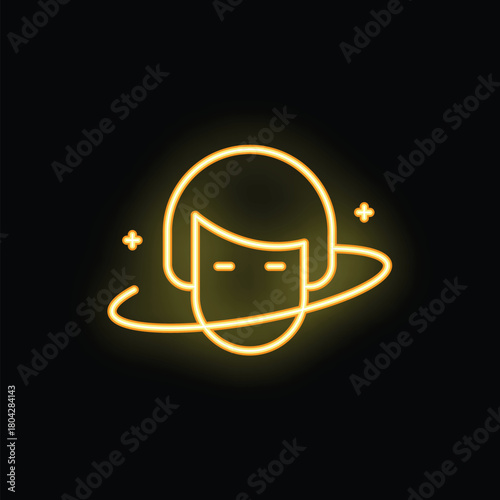 Yellow neon icon of a human head with a planet ring around, representing the concept of knowledge and ideas
