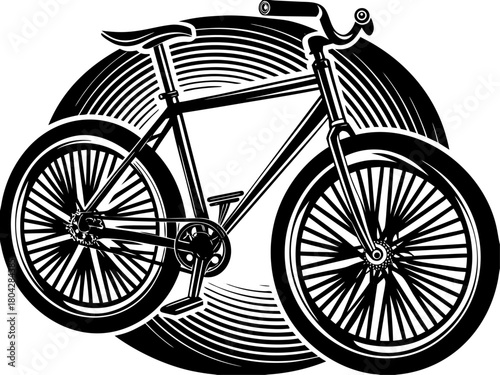 Black and white bicycle illustration in woodcut style