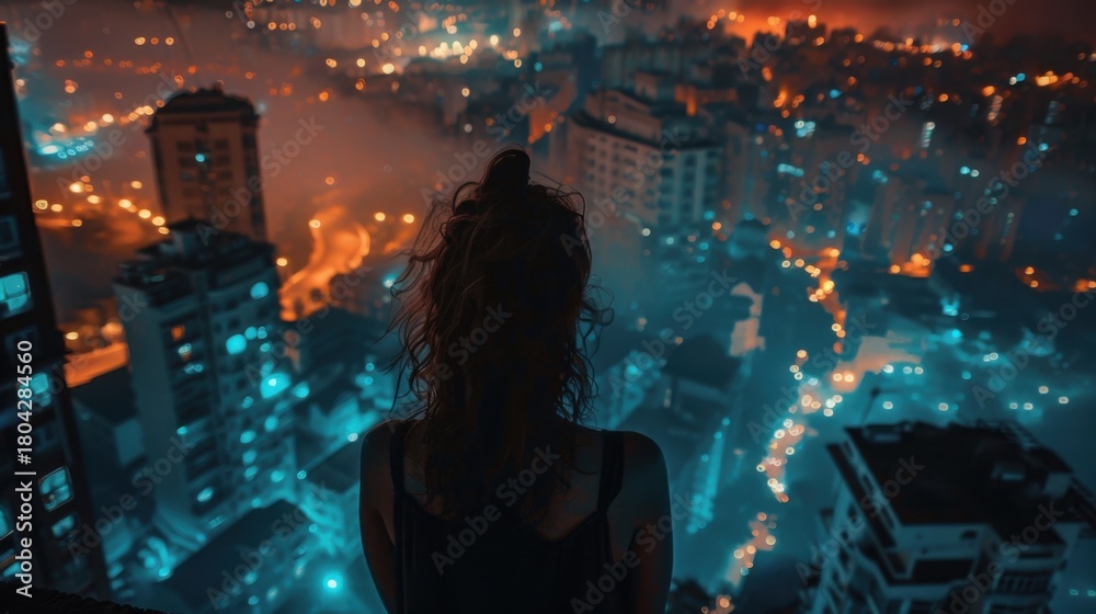 Fototapeta premium A young Caucasian woman with curly hair stands on a balcony overlooking a vibrant cityscape at night. The skyline is illuminated with blue and orange lights.